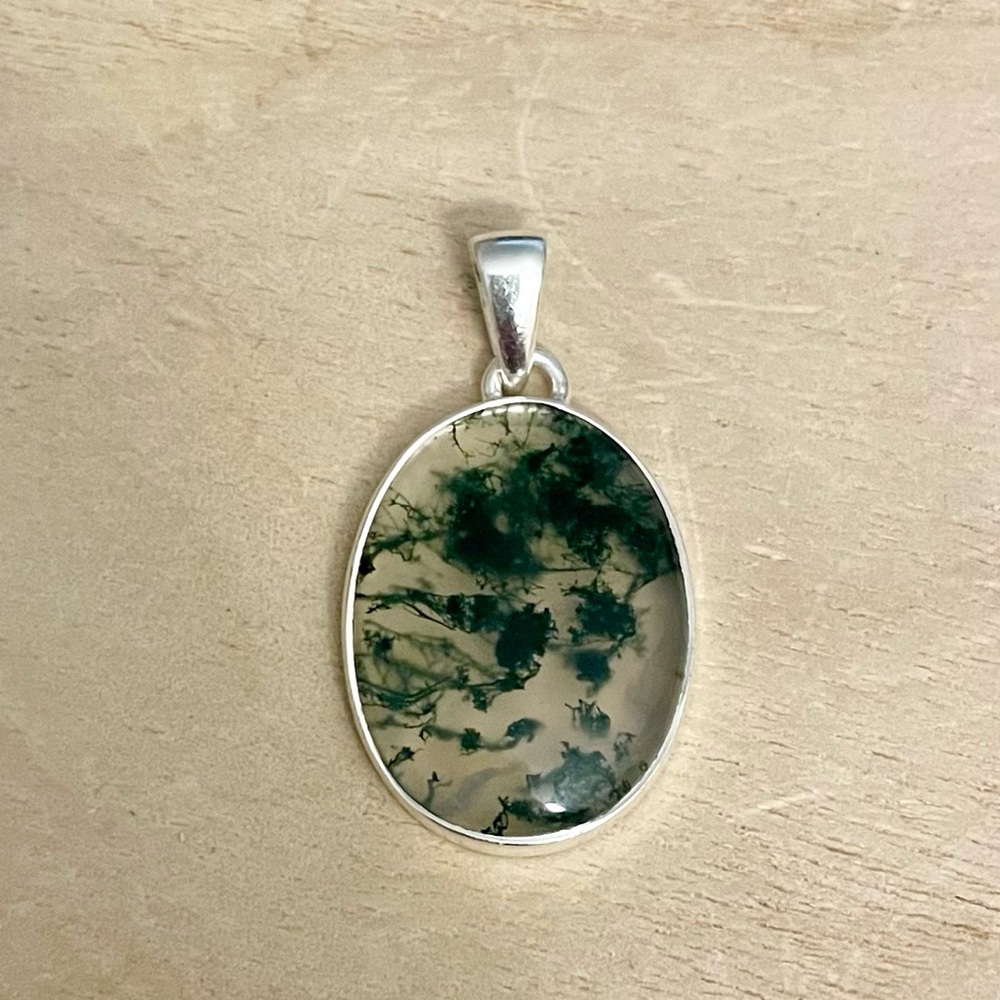 Moss Agate Solid Sterling Silver 925 Pendant - image 1